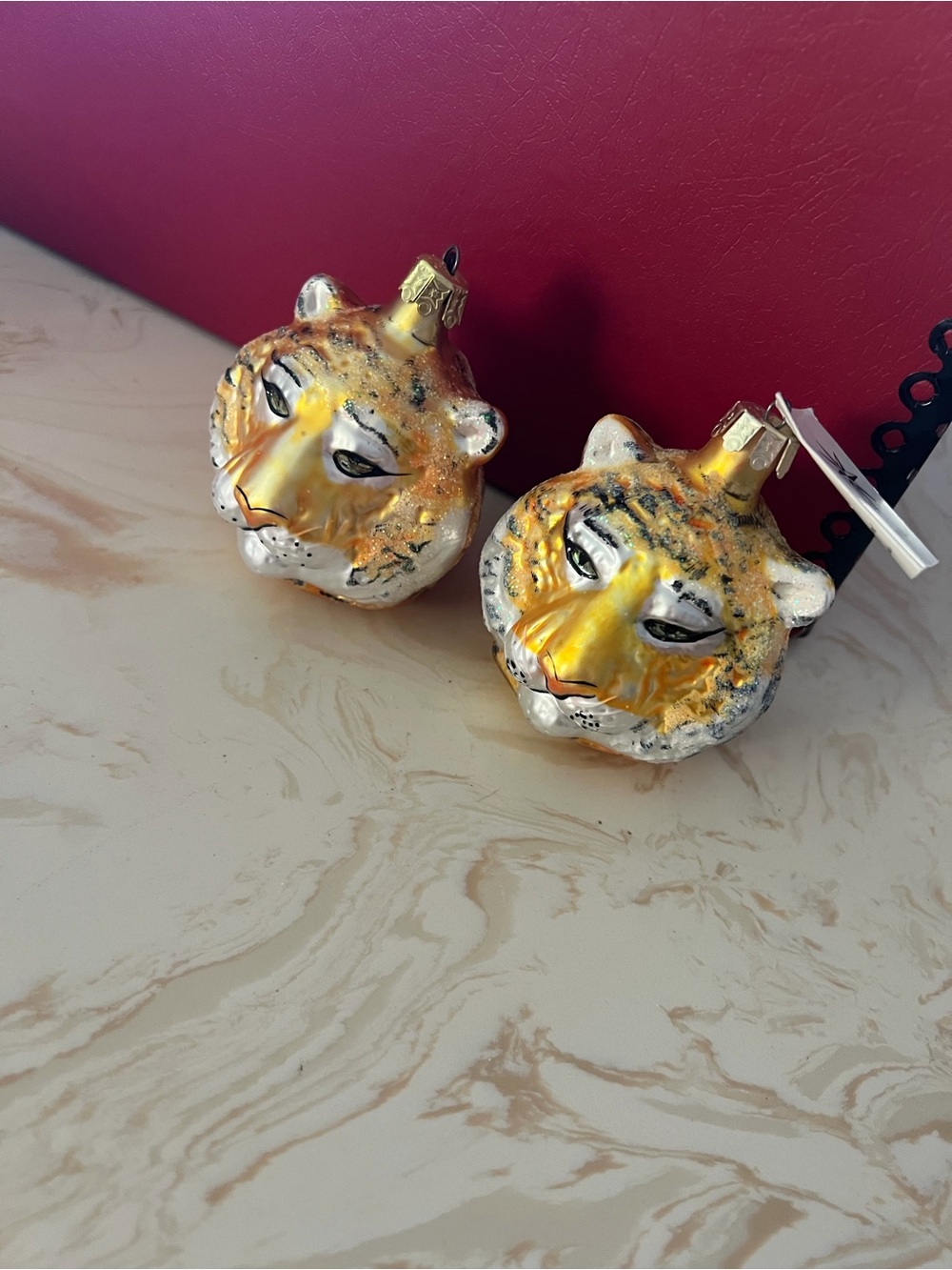 Christopher Radko Yellow and Gold Leopard Head Ornament pair